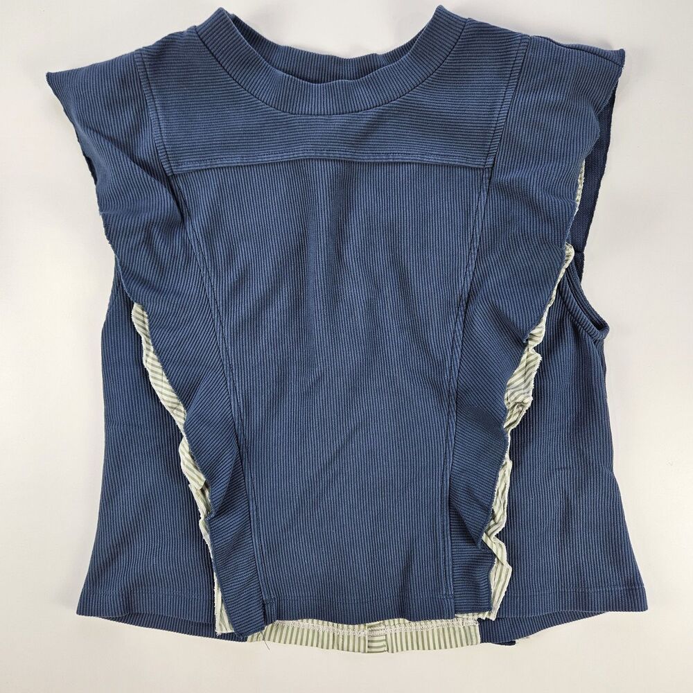 Anthropologie Ribbed Popover Ruffle Back Button Top Size M Blue Green Stripe